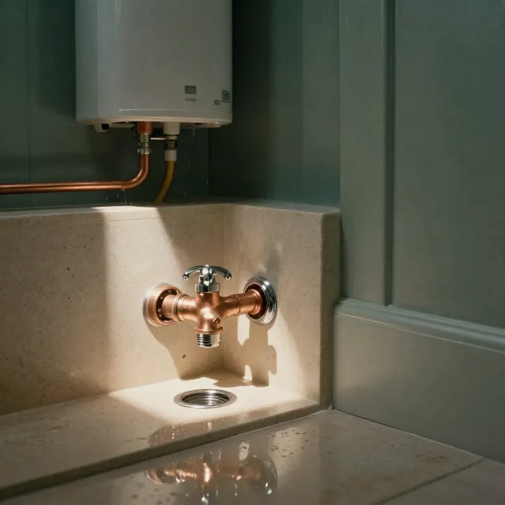 Coin technique haut de gamme sous évier avec cuivre neuf et chauffe-eau en arrière-plan