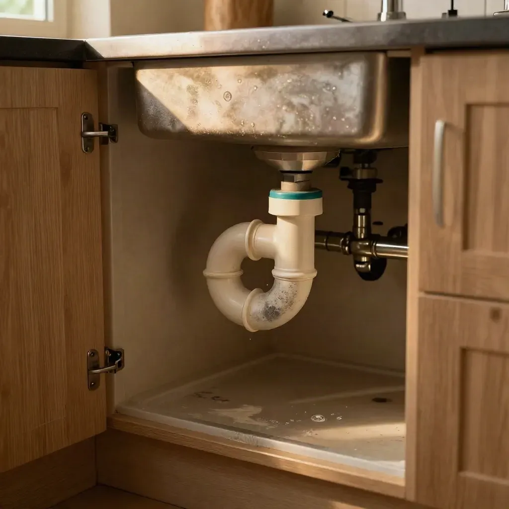 Intérieur d’un meuble sous évier avec siphon sec et traces d’humidité stoppées.
