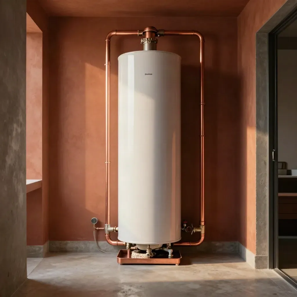 Chauffe-eau neuf dans un local technique, raccords cuivre propres et bac sec.