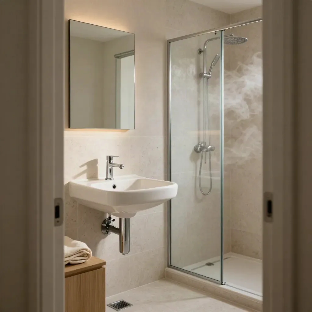 Salle de bain rénovée avec vasque murale, douche nette et robinetterie brillante, vue depuis l’embrasure.