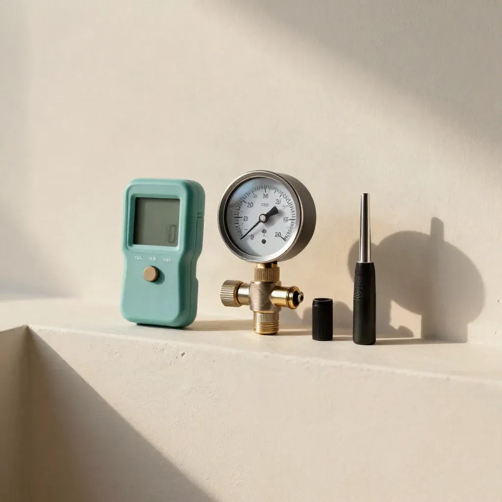 Kit de diagnostic plomberie sur plâtre clair avec manomètre, détecteur d’humidité et lampe.