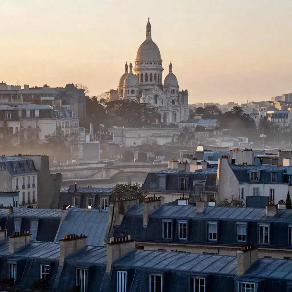 Toits parisiens en zinc, Sacré-Cœur au loin et brume légère au-dessus de la Seine.